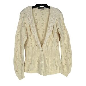Vtg OUTBACK RED Ivory Pom-Pom Lace Collar COTTAGECORE Button Sweater Cardigan S